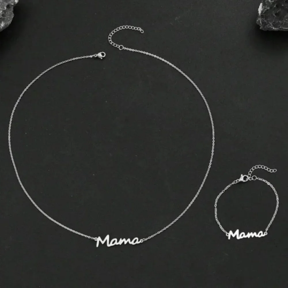 1pc Stainless Steel MAMA Necklace & 1pc Chain Bracelet For Women Mother's Day